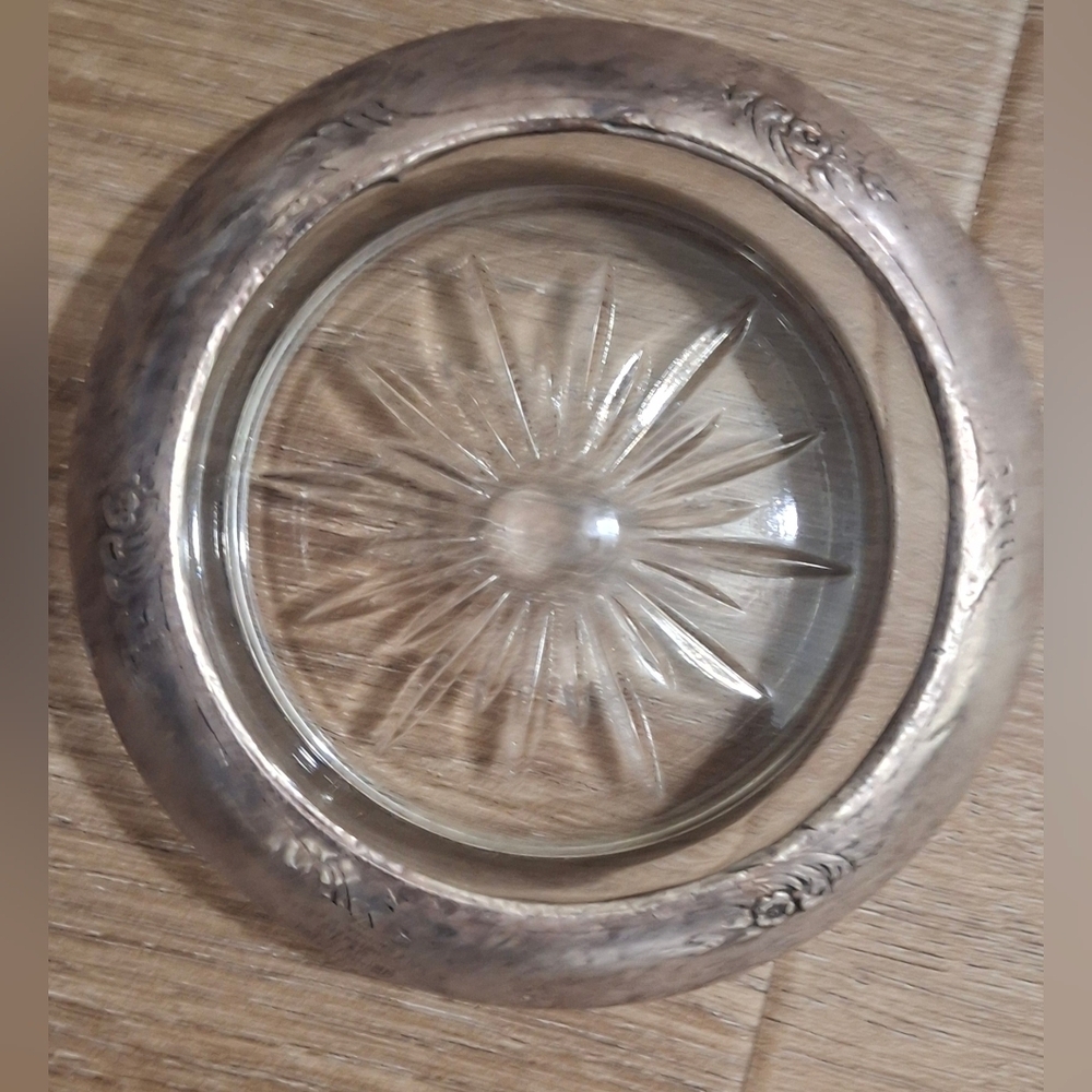 Vtg Frank M Whiting Sterling Silver & Crystal Coaster Rose Floral.